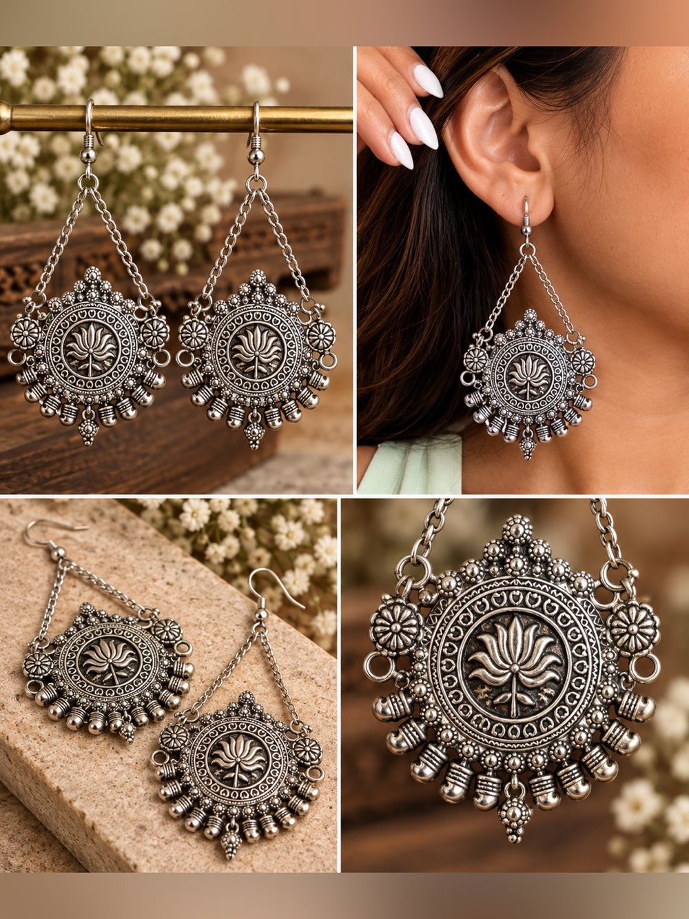 Handmade Indian Oxidized Silver-Tone Statement Earrings